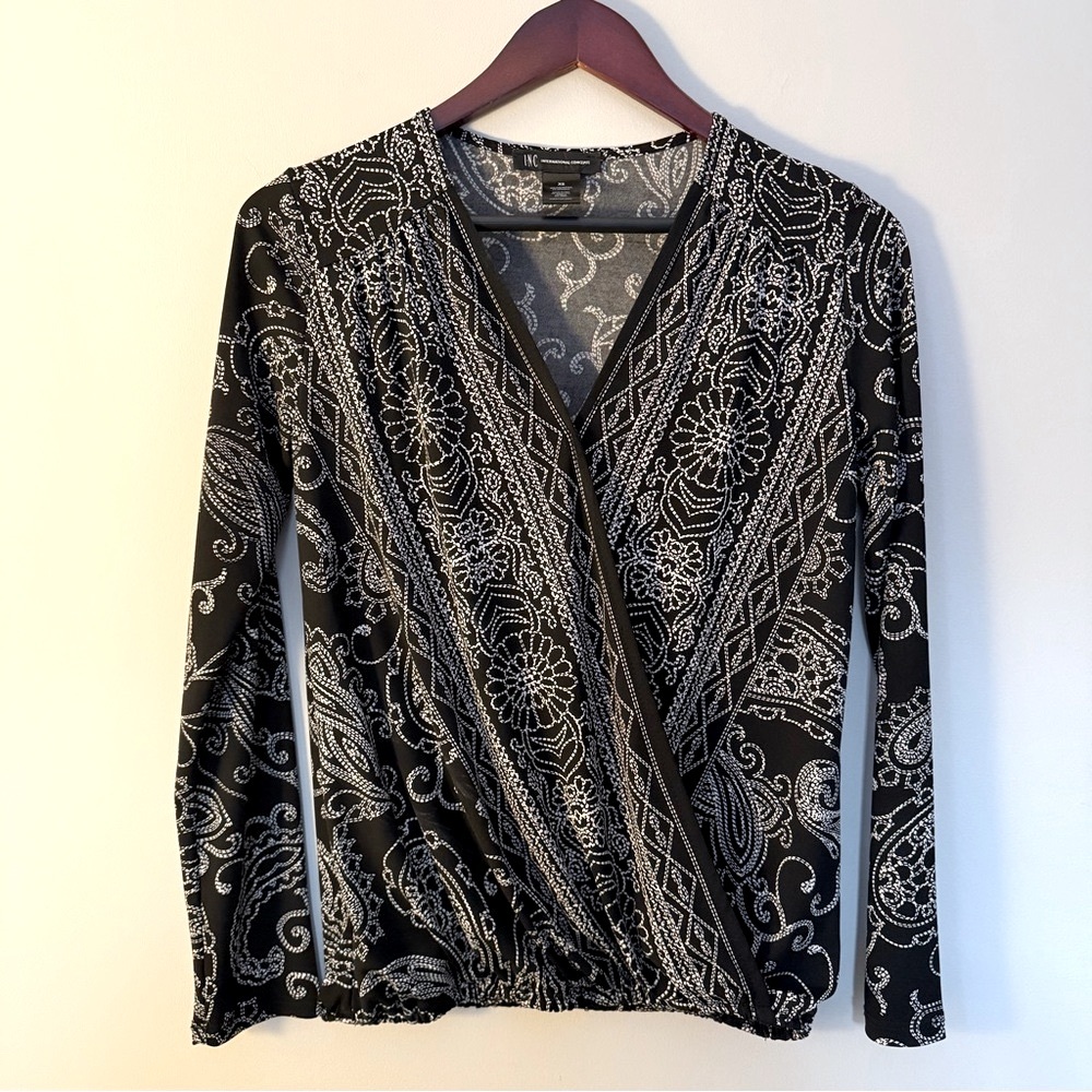 INC International Concepts Black White Paisley Floral Wrap Cross Front Blouse XS